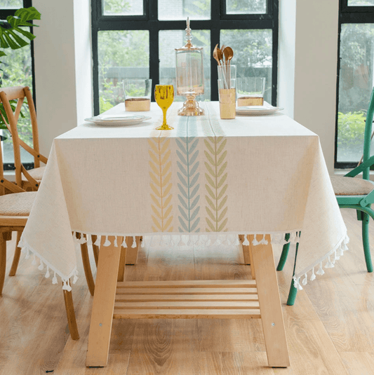 Blue Green Willow Embroidery Tassel Tablecloth