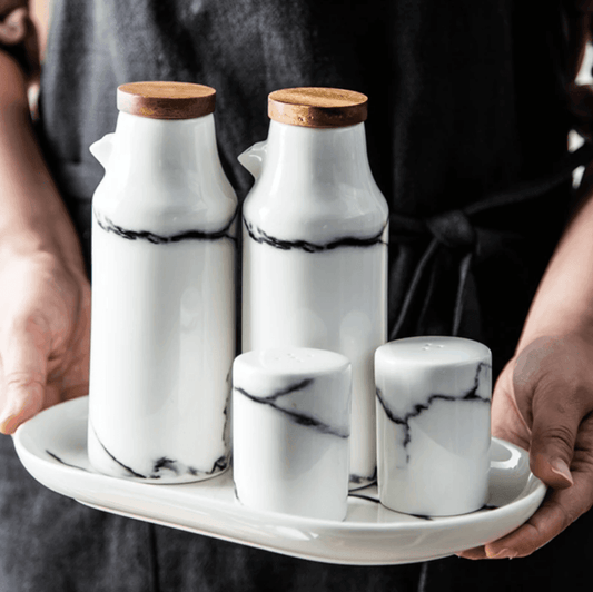 Set of 4 Ceramic Salt Pepper Oil Bottle Set